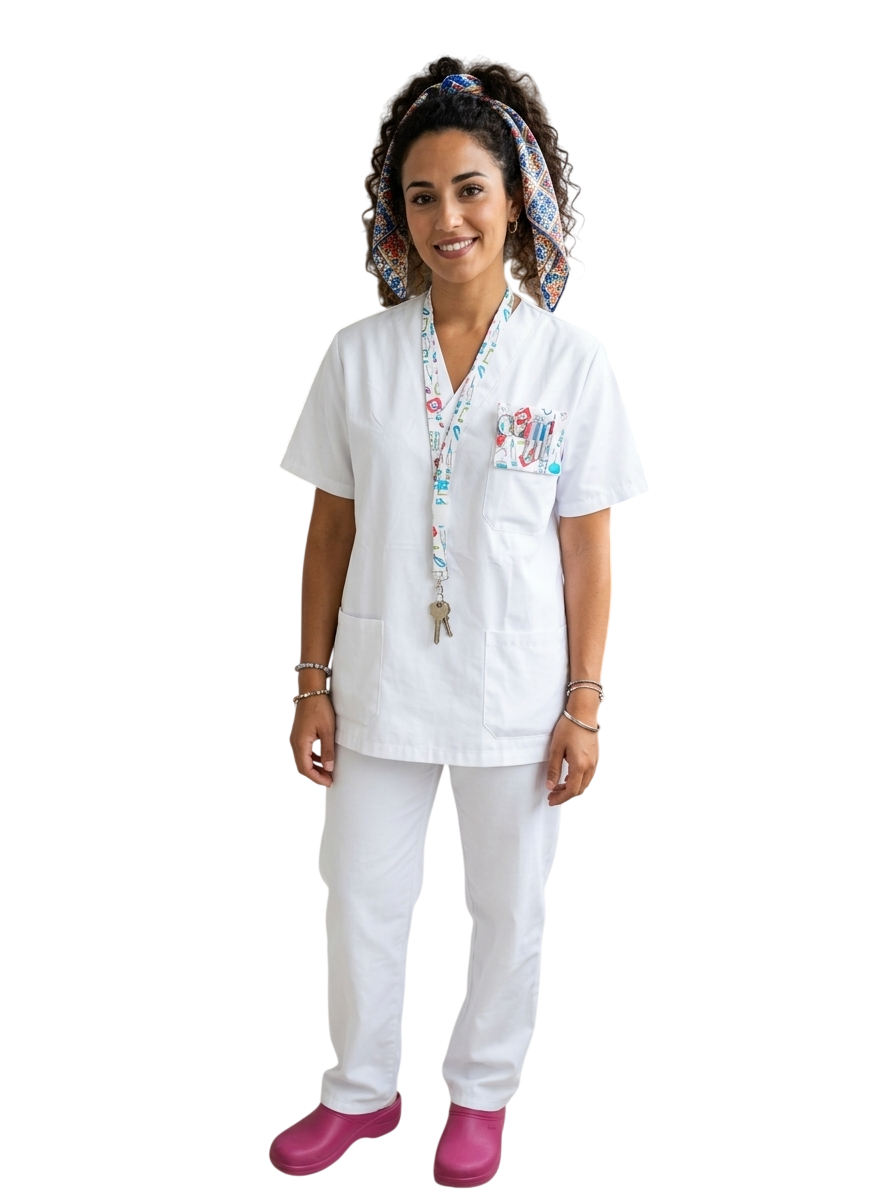 Pack Hospital - Sanitaria con salvabolsillo y lanyard hospital en uniforme