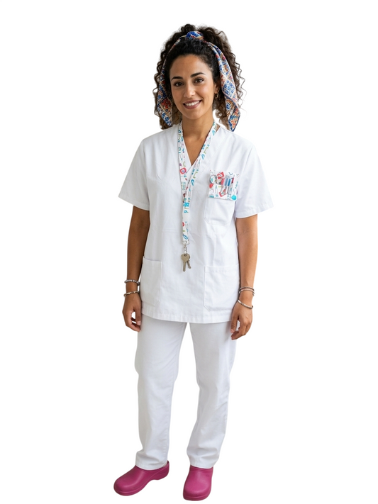 Pack Hospital - Sanitaria con salvabolsillo y lanyard hospital en uniforme